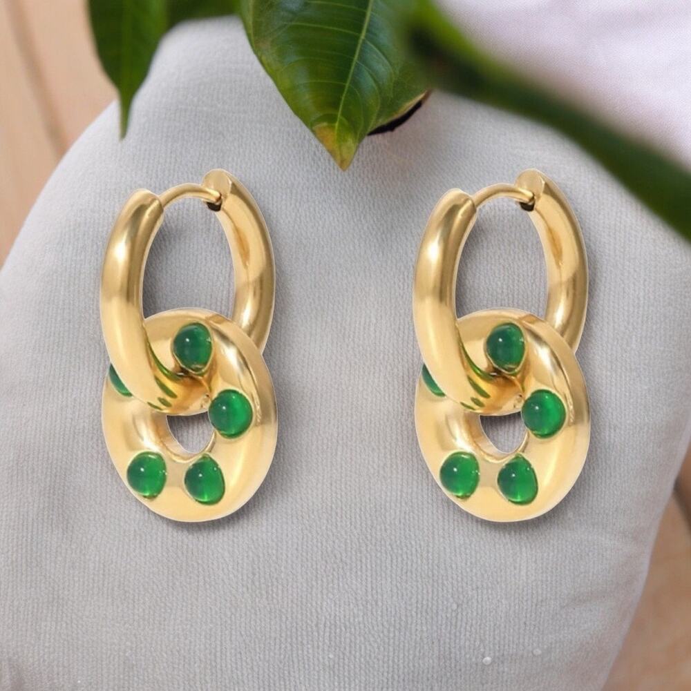NEW 14K yellow gold stainless steel faux green agate drop earrings jewelry B20 - Picture 1 of 10
